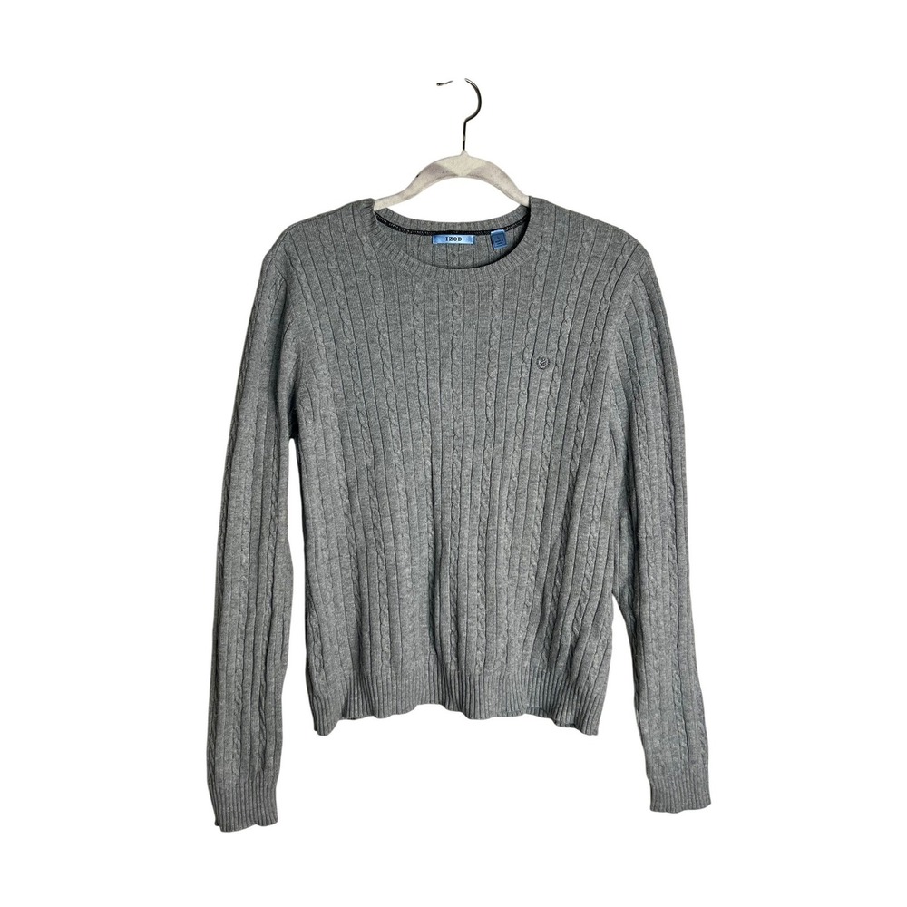 IZOD Womens Gray Cable Knit‎ Crew Neck Cotton Pullover Sweater Size Large
